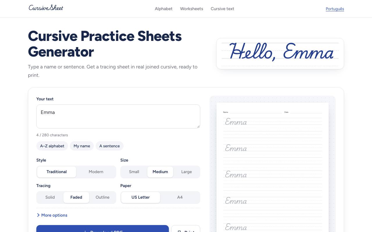 The CursiveSheet website