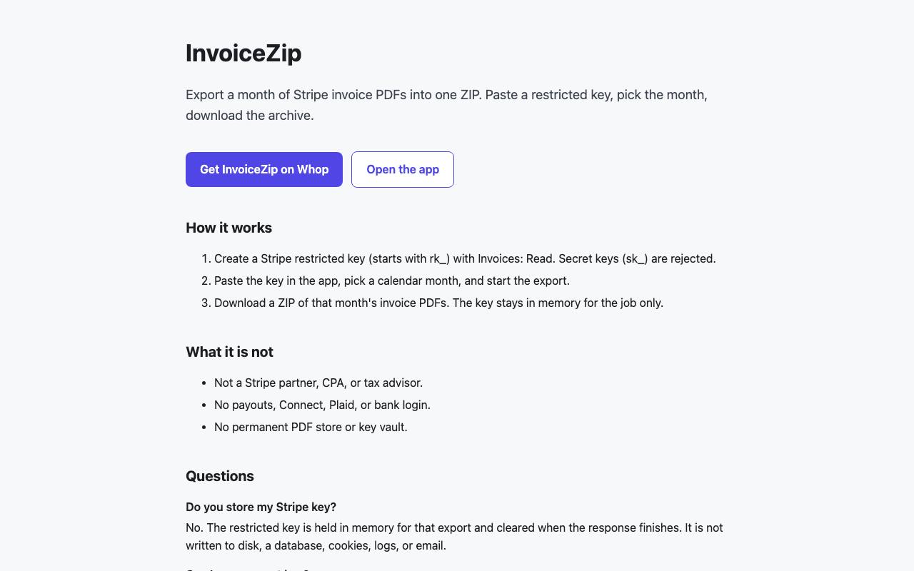 The InvoiceZip website