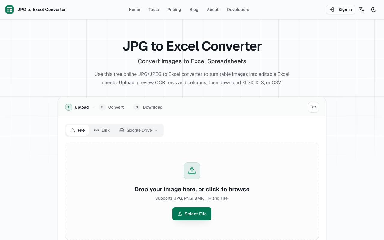 The JPG2Excel website