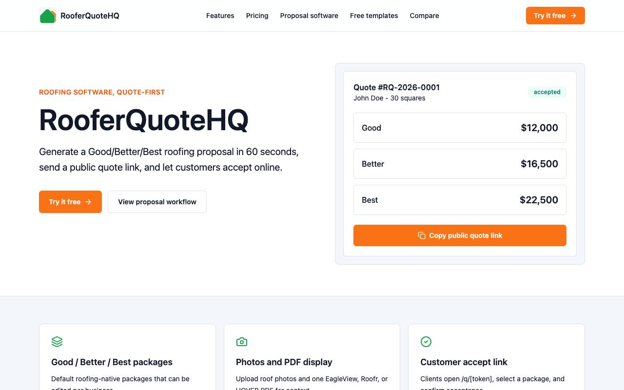 The RooferQuoteHQ website
