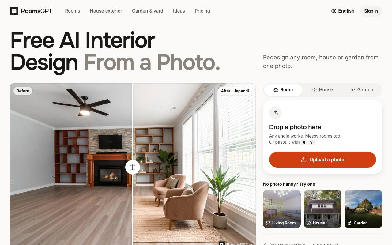 The RoomsGPT website