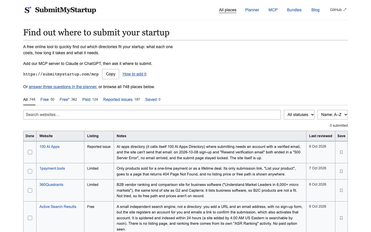 The SubmitMyStartup website
