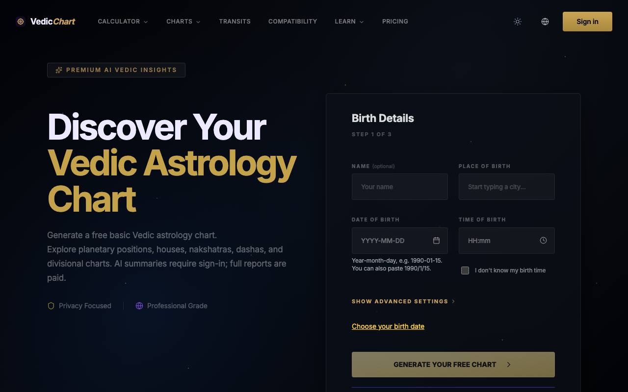 The Vedic Astrology Chart website