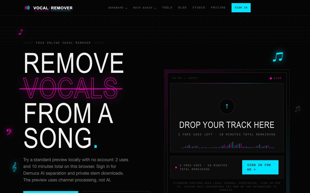 The Vocal Remover Online website
