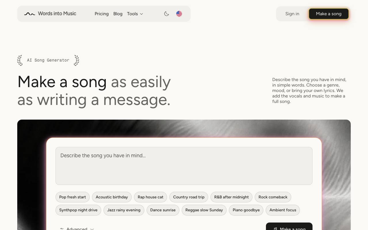 The Words into Music website